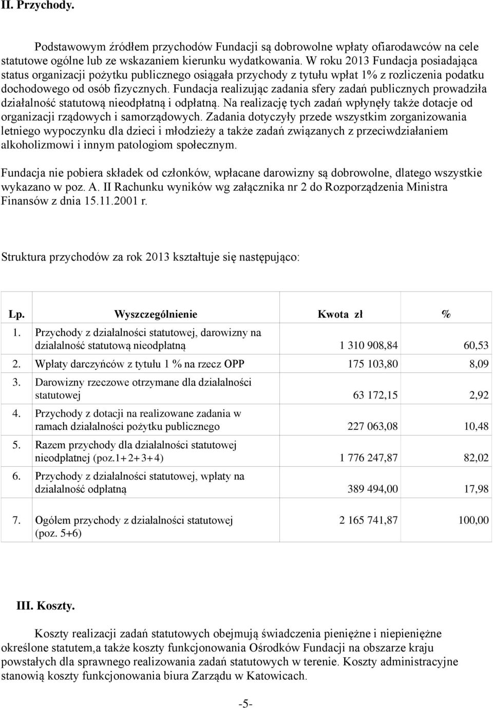 Fundacja realizując zadania sfery zadań publicznych prowadziła działalność statutową nieodpłatną i odpłatną. Na realizację tych zadań wpłynęły także dotacje od organizacji rządowych i samorządowych.