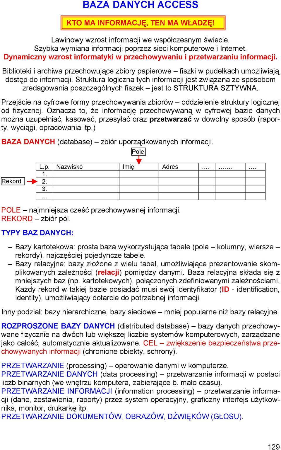 Struktura logiczna tych informacji jest związana ze sposobem zredagowania poszczególnych fiszek jest to STRUKTURA SZTYWNA.