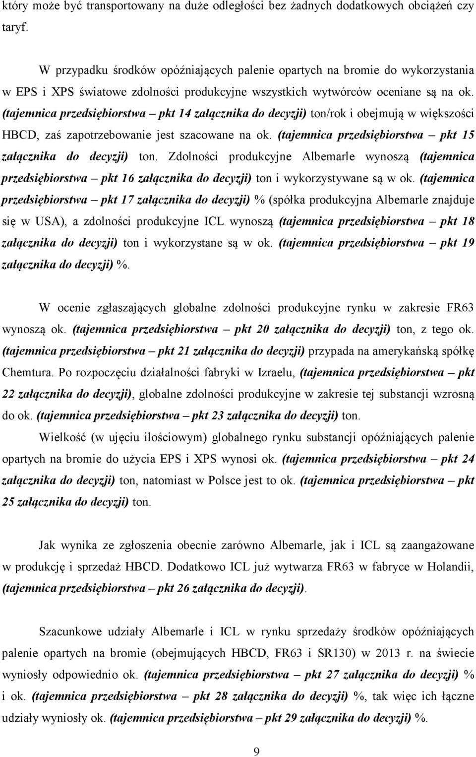 (tajemnica przedsiębiorstwa pkt 14 załącznika do decyzji) ton/rok i obejmują w większości HBCD, zaś zapotrzebowanie jest szacowane na ok. (tajemnica przedsiębiorstwa pkt 15 załącznika do decyzji) ton.