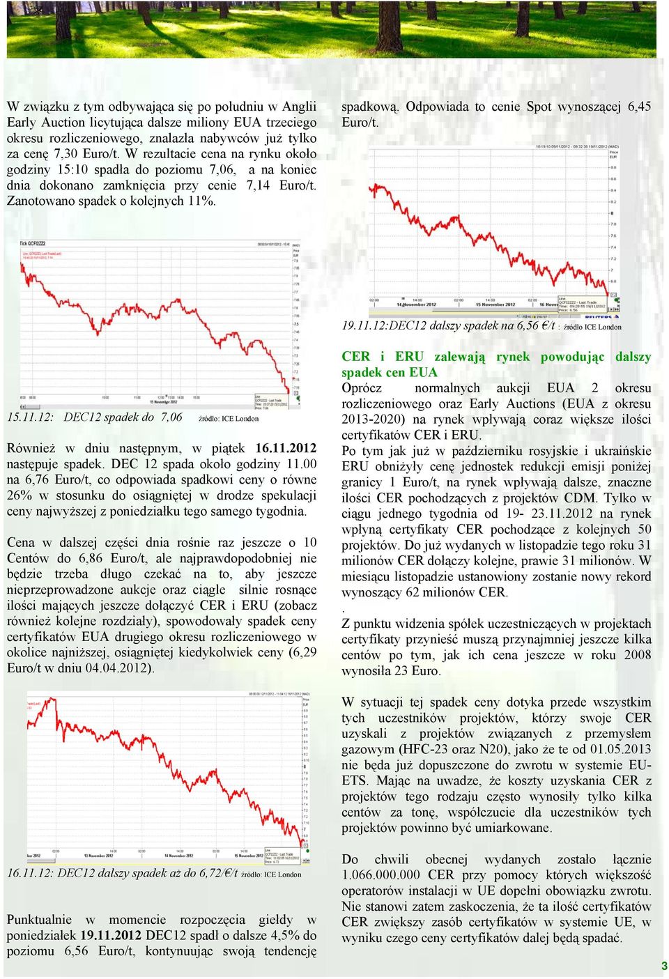 Odpowiada to cenie Spot wynoszącej 6,45 Euro/t. 19.11.12:DEC12 dalszy spadek na 6,56 /t : źródło ICE London 15.11.12: DEC12 spadek do 7,06 źródło: ICE London Również w dniu następnym, w piątek 16.11.2012 następuje spadek.