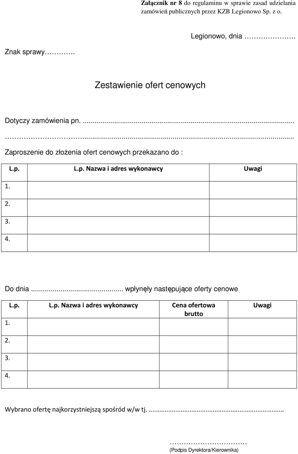 p. L.p. Nazwa i adres wykonawcy Uwagi 1. 2. 3. 4. Do dnia... wpłynęły następujące oferty cenowe L.p. L.p. Nazwa i adres wykonawcy Cena ofertowa brutto 1.