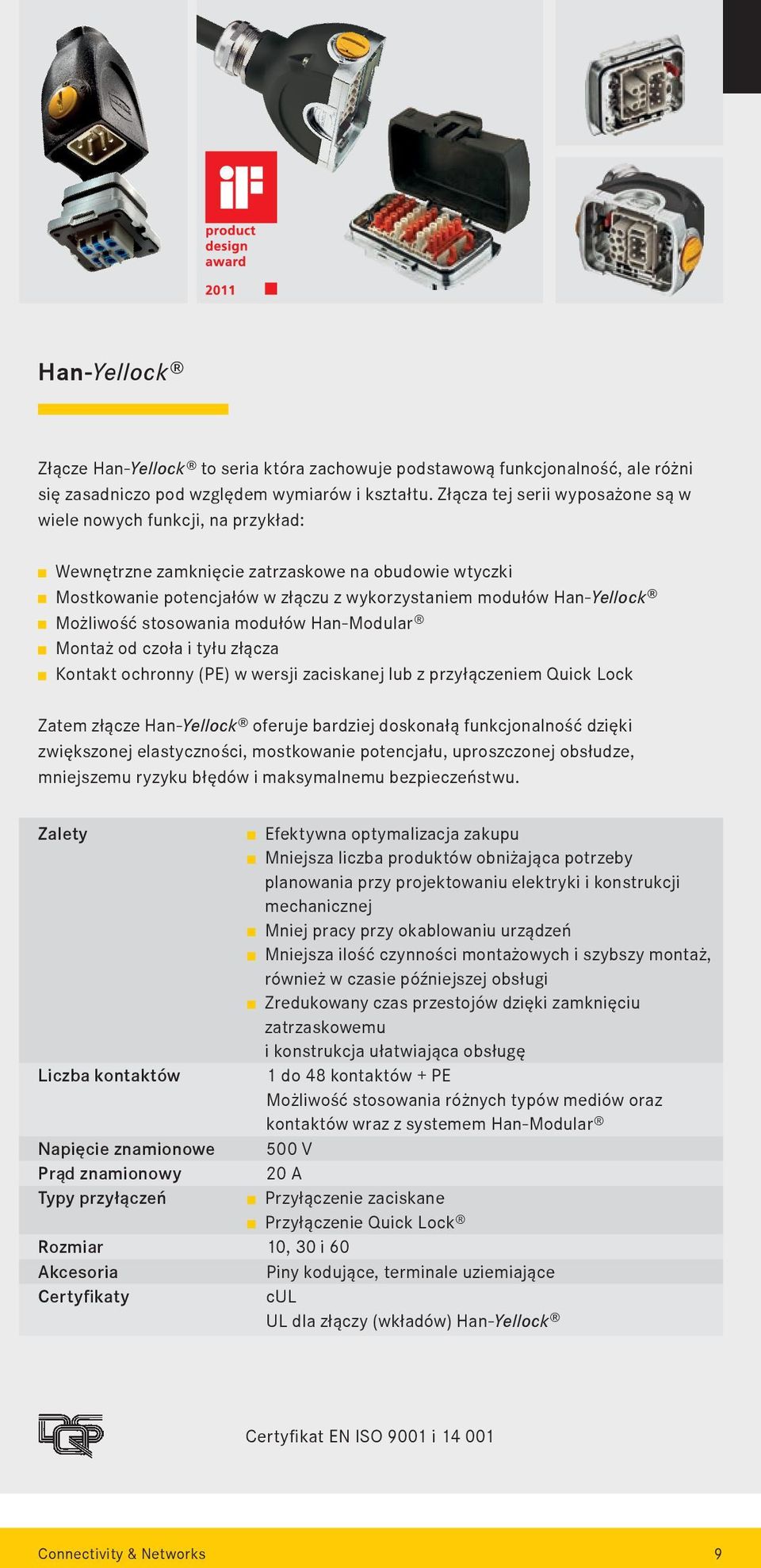 Możliwość stosowania modułów Han-Modular Montaż od czoła i tyłu złącza Kontakt ochronny (PE) w wersji zaciskanej lub z przyłączeniem Quick Lock Zatem złącze Han-Yellock oferuje bardziej doskonałą