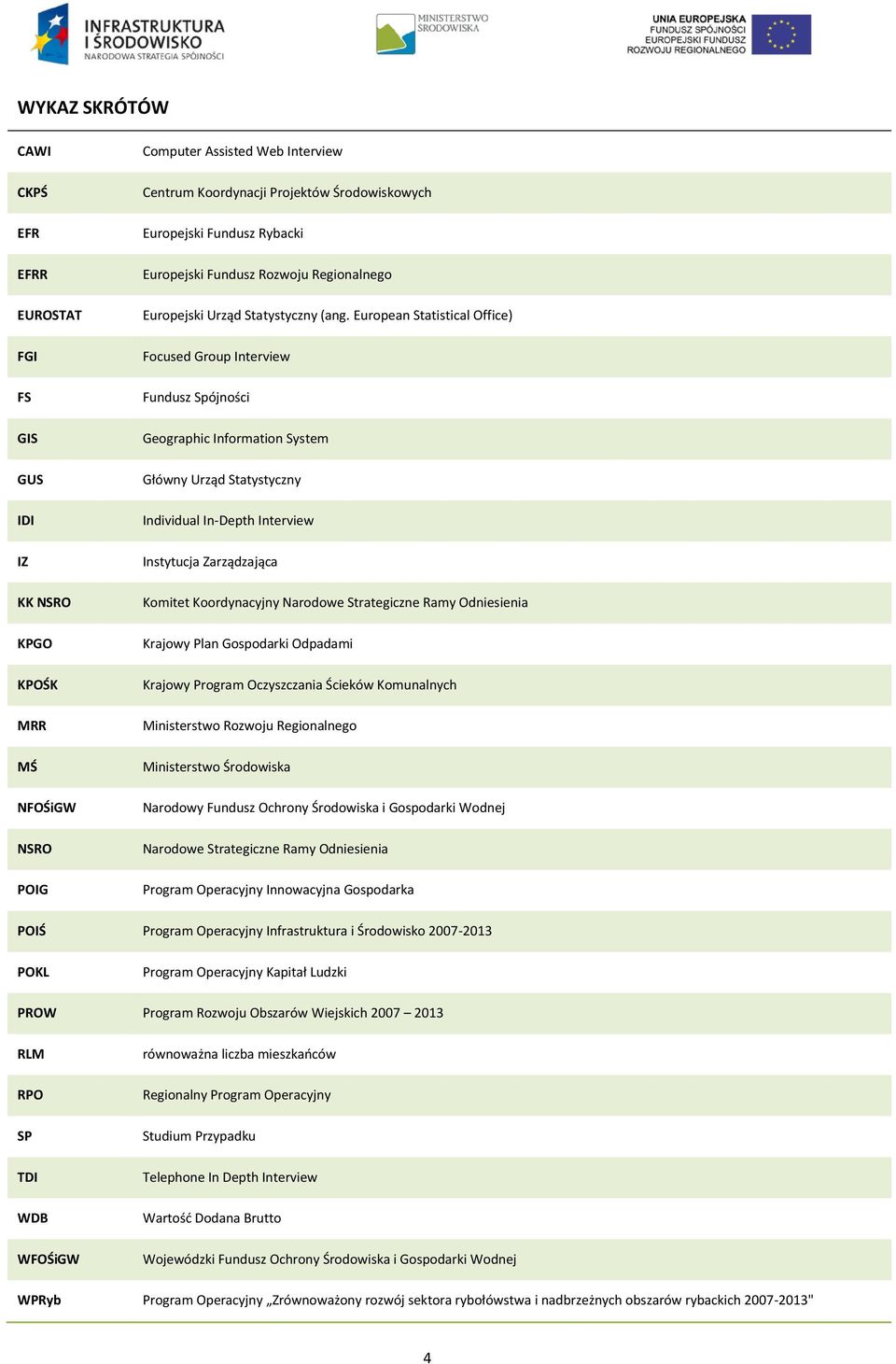 European Statistical Office) Focused Group Interview Fundusz Spójności Geographic Information System Główny Urząd Statystyczny Individual In-Depth Interview Instytucja Zarządzająca Komitet