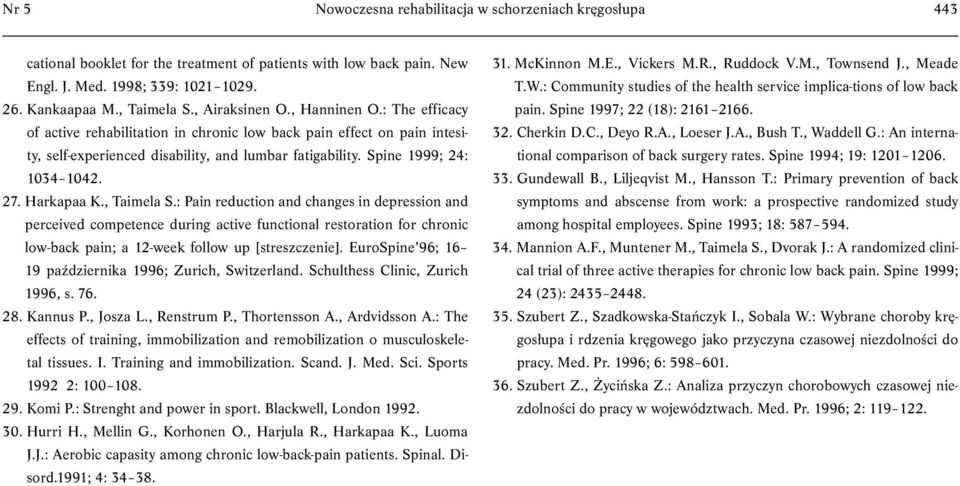 27. Harkapaa K., Taimela S.: Pain reduction and changes in depression and perceived competence during active functional restoration for chronic low-back pain; a 12-week follow up [streszczenie].