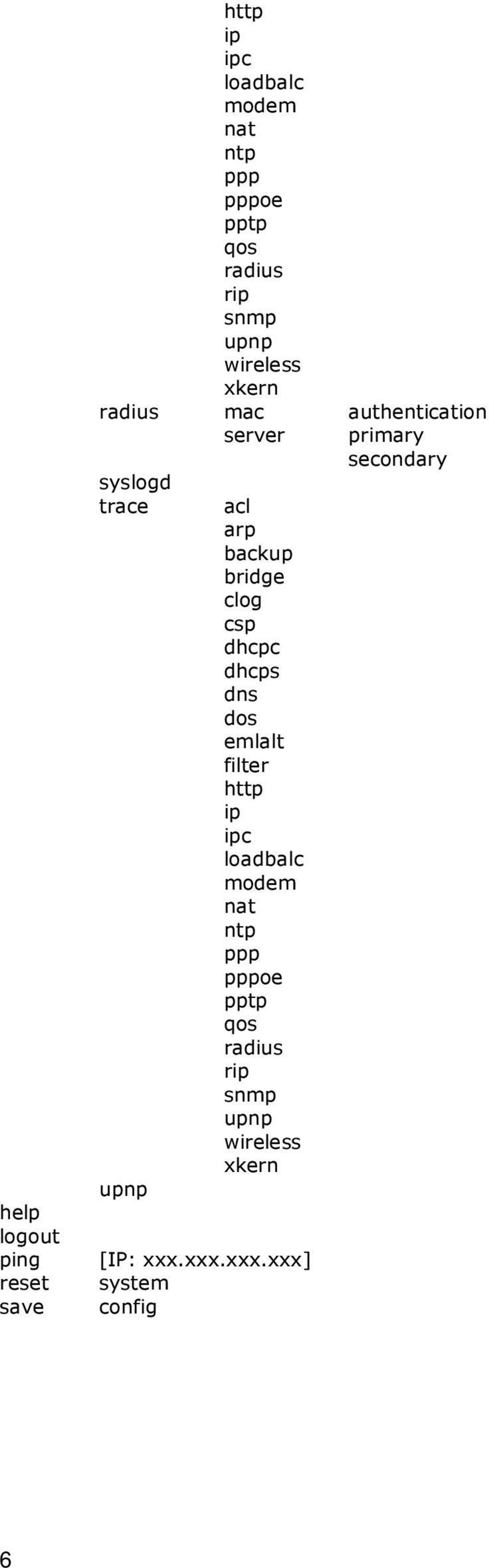 csp dhcpc dhcps dns dos emlalt filter http ip ipc loadbalc modem nat ntp ppp pppoe pptp qos