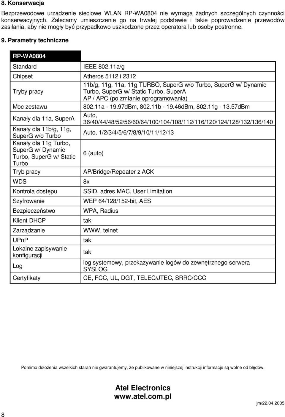 Parametry techniczne RP-WA0804 Standard IEEE 802.