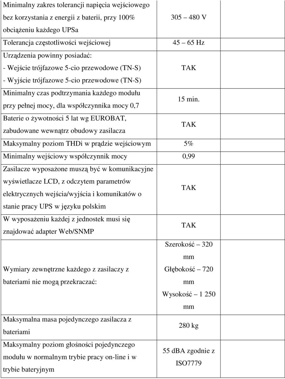 przy pełnej mocy, dla współczynnika mocy 0,7 Baterie o Ŝywotności 5 lat wg EUROBAT, zabudowane wewnątrz obudowy zasilacza Maksymalny poziom THDi w prądzie wejściowym 5% Minimalny wejściowy