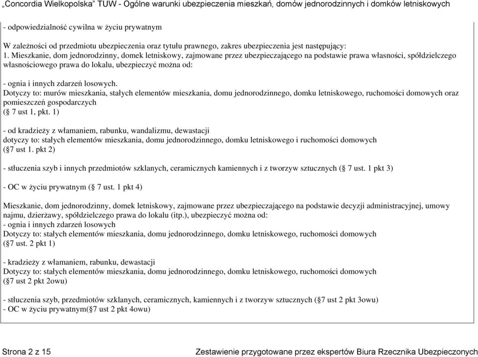 zdarzeń losowych. Dotyczy to: murów mieszkania, stałych elementów mieszkania, domu jednorodzinnego, domku letniskowego, ruchomości domowych oraz pomieszczeń gospodarczych ( 7 ust 1, pkt.