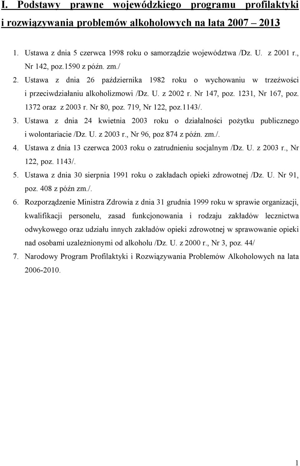 1372 oraz z 2003 r. Nr 80, poz. 719, Nr 122, poz.1143/. 3. Ustawa z dnia 24 kwietnia 2003 roku o działalności pożytku publicznego i wolontariacie /Dz. U. z 2003 r., Nr 96, poz 874 z późn. zm./. 4.