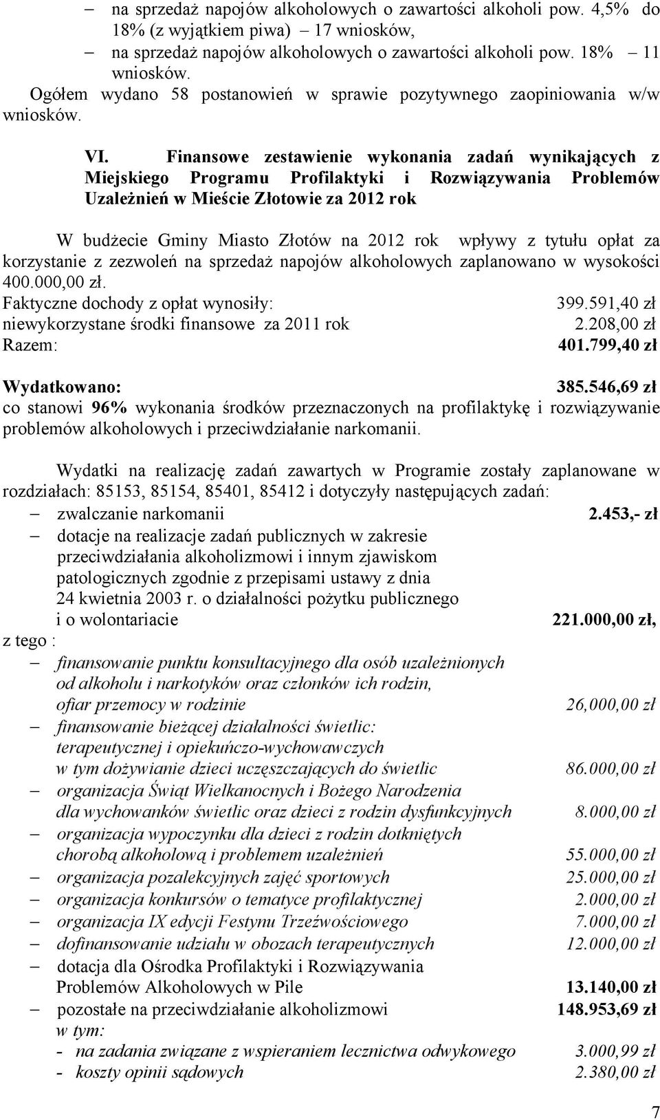 Finansowe zestawienie wykonania zadań wynikających z Miejskiego Programu Profilaktyki i Rozwiązywania Problemów Uzależnień w Mieście Złotowie za 2012 rok W budżecie Gminy Miasto Złotów na 2012 rok