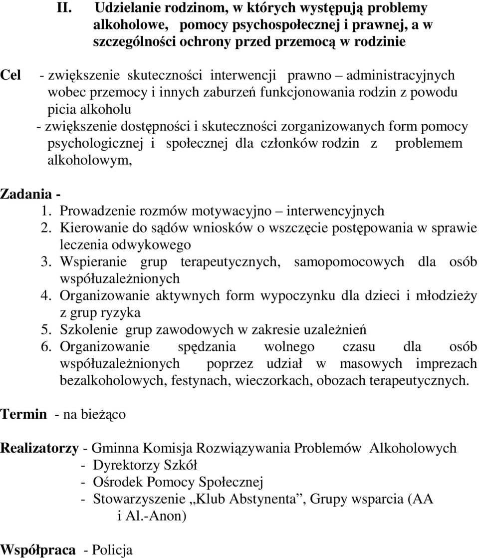 społecznej dla członków rodzin z problemem alkoholowym, Zadania - 1. Prowadzenie rozmów motywacyjno interwencyjnych 2.