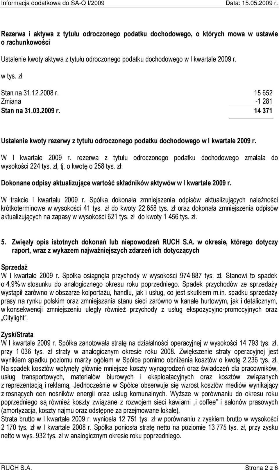 rezerwa z tytułu odroczonego podatku dochodowego zmalała do wysokości 224 tys. zł, tj. o kwotę o 258 tys. zł. Dokonane odpisy aktualizujące wartość składników aktywów w I kwartale 2009 r.