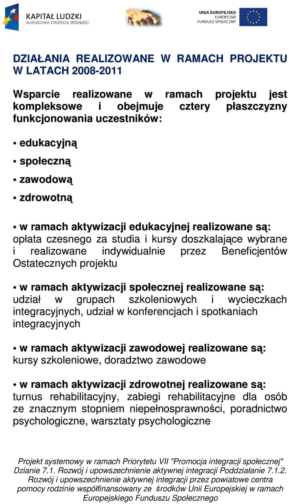 ramach aktywizacji społecznej realizowane są: udział w grupach szkoleniowych i wycieczkach integracyjnych, udział w konferencjach i spotkaniach integracyjnych w ramach aktywizacji zawodowej