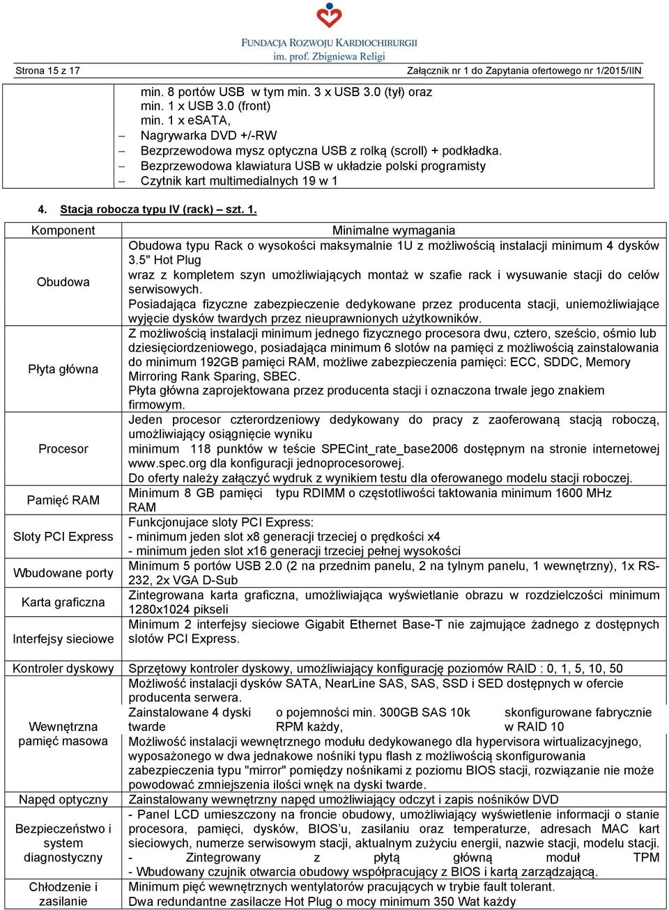 w 1 4. Stacja robocza typu IV (rack) szt. 1. Komponent Obudowa Płyta główna Procesor Pamięć RAM Sloty PCI Express Wbudowane porty Karta graficzna Interfejsy sieciowe Wewnętrzna pamięć masowa