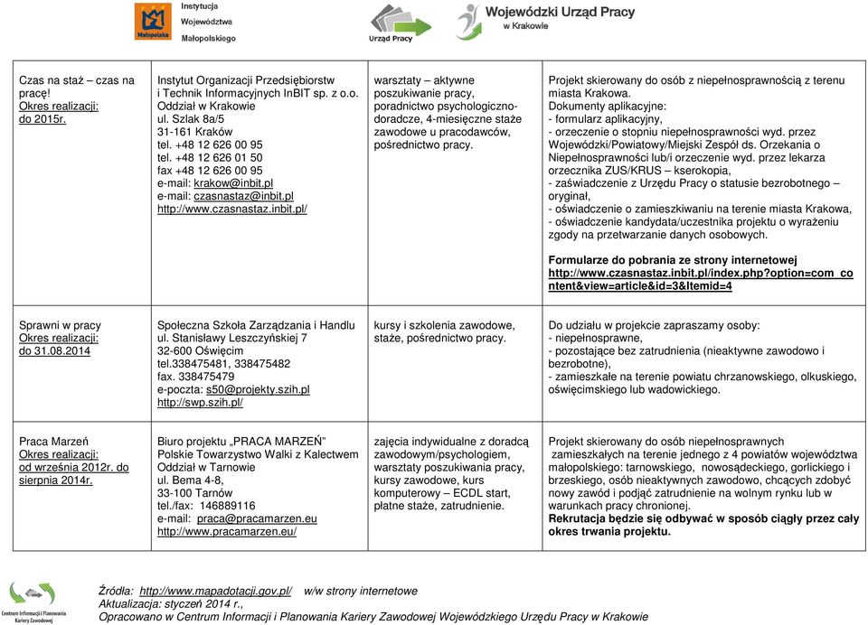 pl e-mail: czasnastaz@inbit.pl http://www.czasnastaz.inbit.pl/ warsztaty aktywne poszukiwanie pracy, poradnictwo psychologicznodoradcze, 4-miesięczne staŝe zawodowe u pracodawców, pośrednictwo pracy.