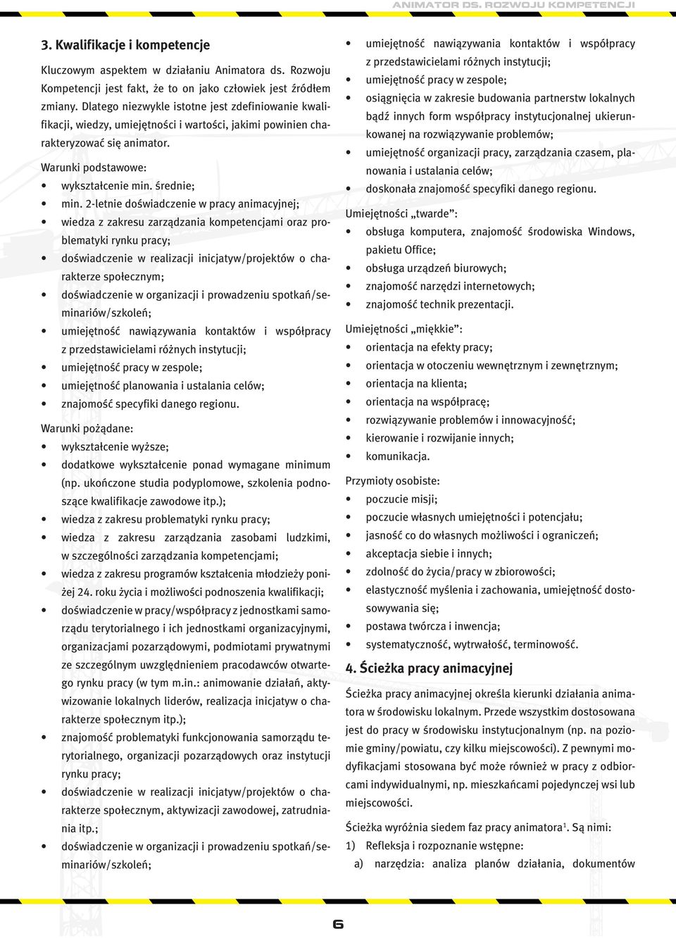 2-letnie doświadczenie w pracy animacyjnej; wiedza z zakresu zarządzania kompetencjami oraz problematyki rynku pracy; doświadczenie w realizacji inicjatyw/projektów o charakterze społecznym;