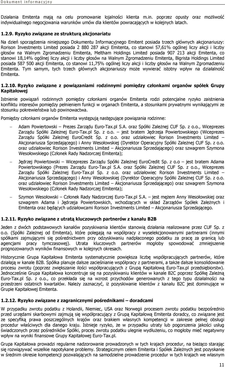 Emitenta, co stanowi 57,61% ogólnej liczy akcji i liczby głosów na Walnym Zgromadzeniu Emitenta, Meltham Holdings Limited posiada 907 213 akcji Emitenta, co stanowi 18,14% ogólnej liczy akcji i