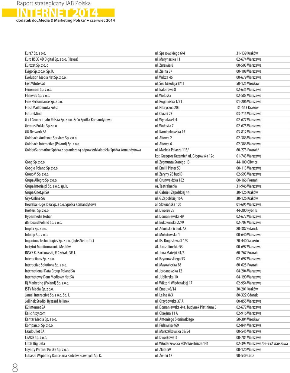 Św. Mikołaja 8/11 50-125 Wrocław Fenomem Sp. z o.o. ul. Balonowa 8 02-635 Warszawa Filmweb Sp. z o.o. ul. Wołoska 02-583 Warszawa Fine Performance Sp. z o.o. ul. Rogalińska 1/51 01-206 Warszawa FreshMail Danuta Fuksa ul.
