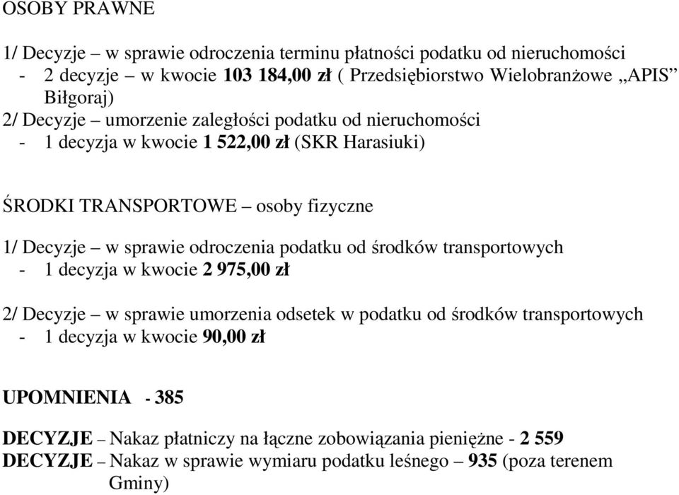 sprawie odroczenia podatku od środków transportowych - 1 decyzja w kwocie 2 975,00 zł 2/ Decyzje w sprawie umorzenia odsetek w podatku od środków transportowych - 1