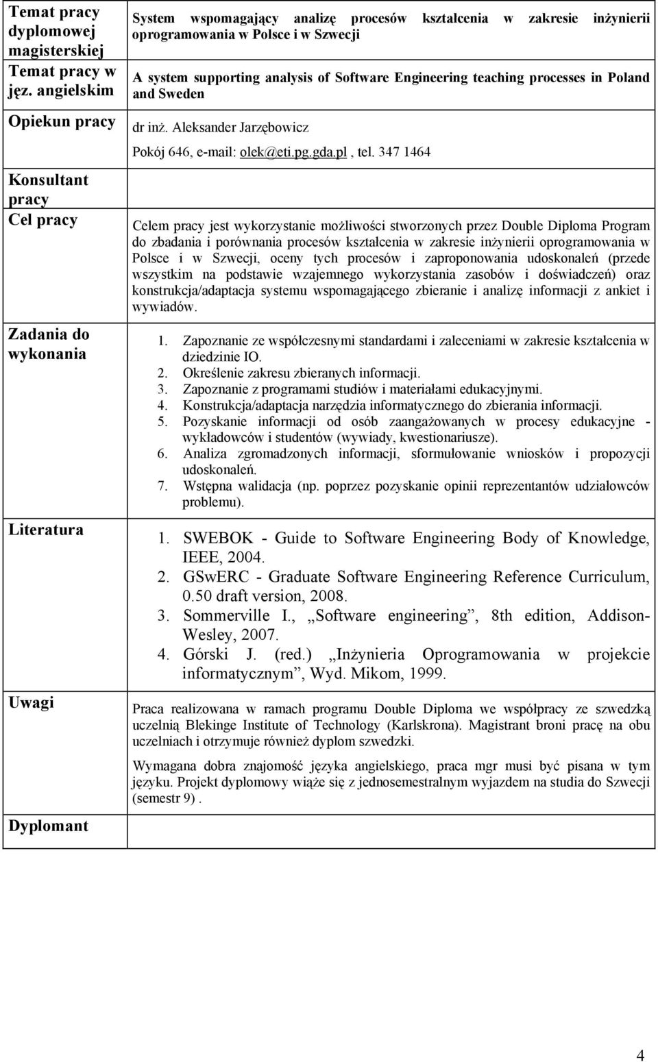 and Sweden dr inż. Aleksander Jarzębowicz Konsultant pracy Zadania do wykonania Pokój 646, e-mail: olek@eti.pg.gda.pl, tel.