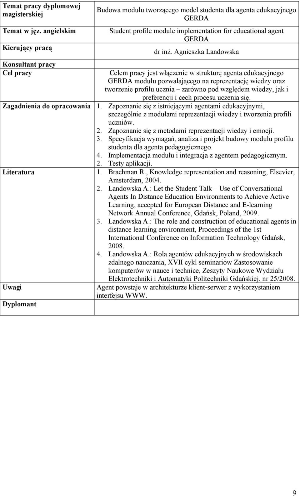 Agnieszka Landowska Celem pracy jest włączenie w strukturę agenta edukacyjnego GERDA modułu pozwalającego na reprezentację wiedzy oraz tworzenie profilu ucznia zarówno pod względem wiedzy, jak i