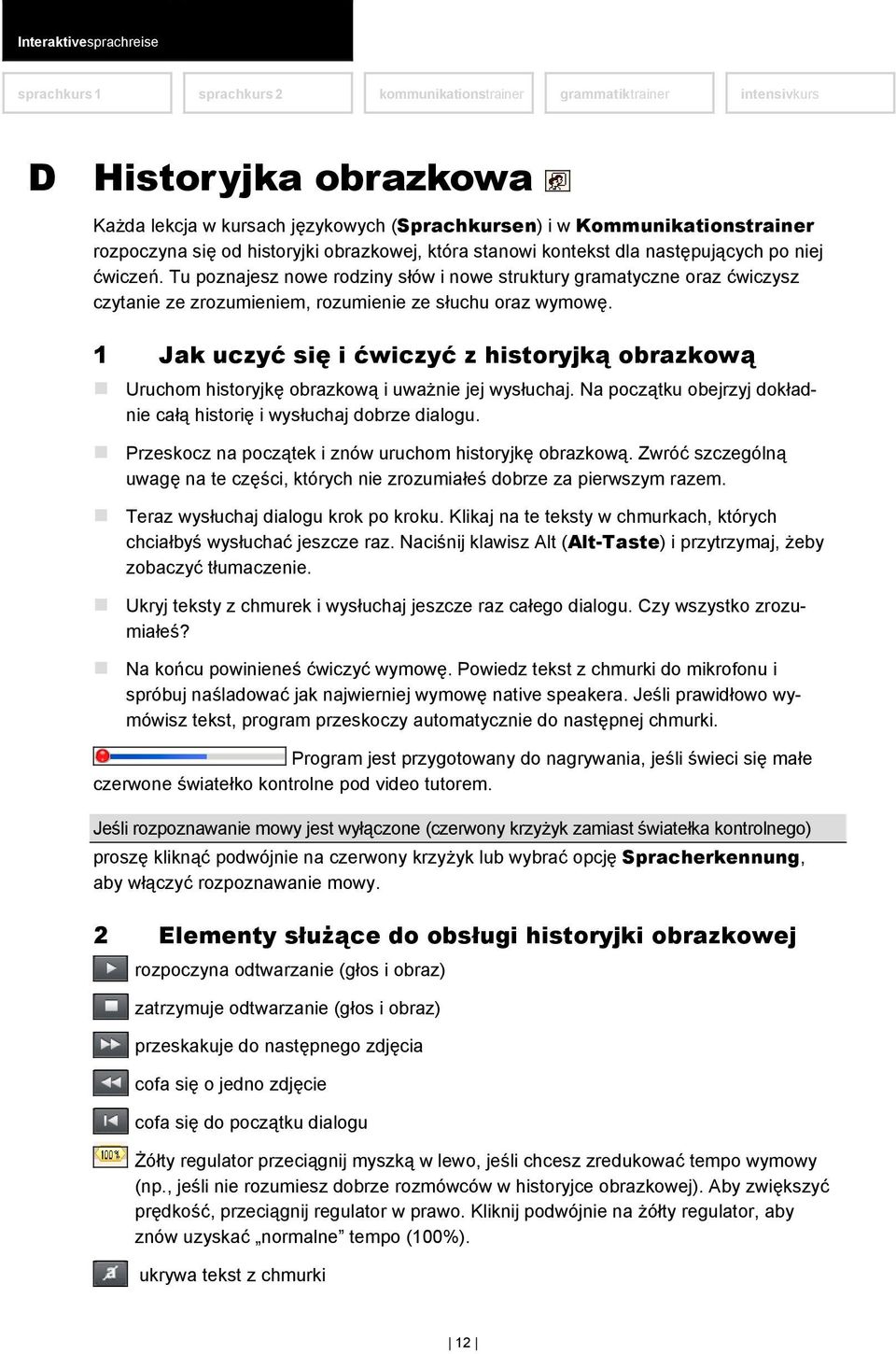 1 Jak uczyć się i ćwiczyć z historyjką obrazkową Uruchom historyjkę obrazkową i uważnie jej wysłuchaj. Na początku obejrzyj dokładnie całą historię i wysłuchaj dobrze dialogu.