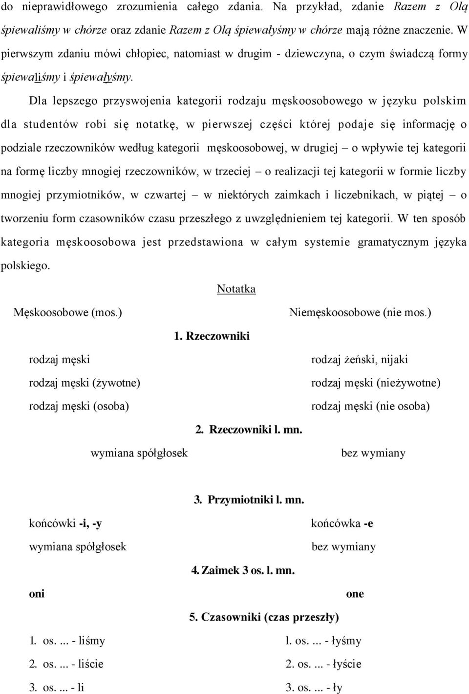 Dla lepszego przyswojenia kategorii rodzaju męskoosobowego w języku polskim dla studentów robi się notatkę, w pierwszej części której podaje się informację o podziale rzeczowników według kategorii