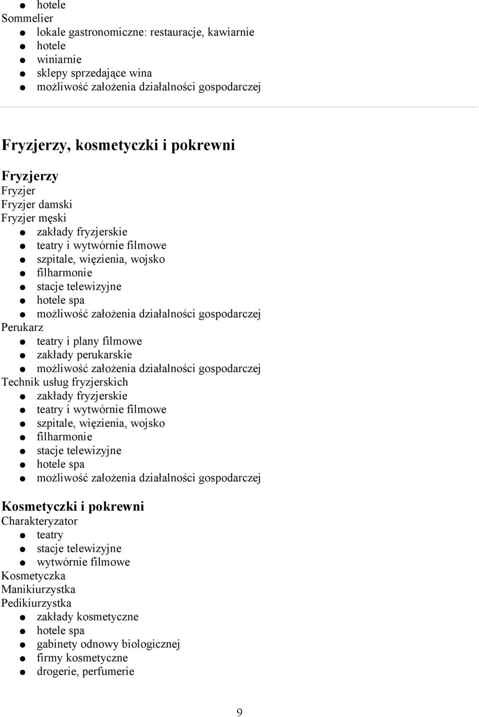 Technik usług fryzjerskich zakłady fryzjerskie teatry i wytwórnie filmowe szpitale, więzienia, wojsko filharmonie stacje telewizyjne hotele spa Kosmetyczki i pokrewni