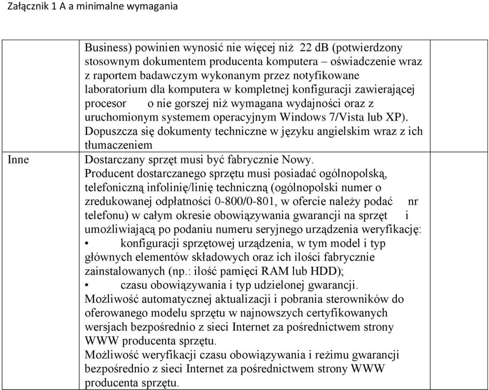 Dopuszcza się dokumenty techniczne w języku angielskim wraz z ich tłumaczeniem Dostarczany sprzęt musi być fabrycznie Nowy.