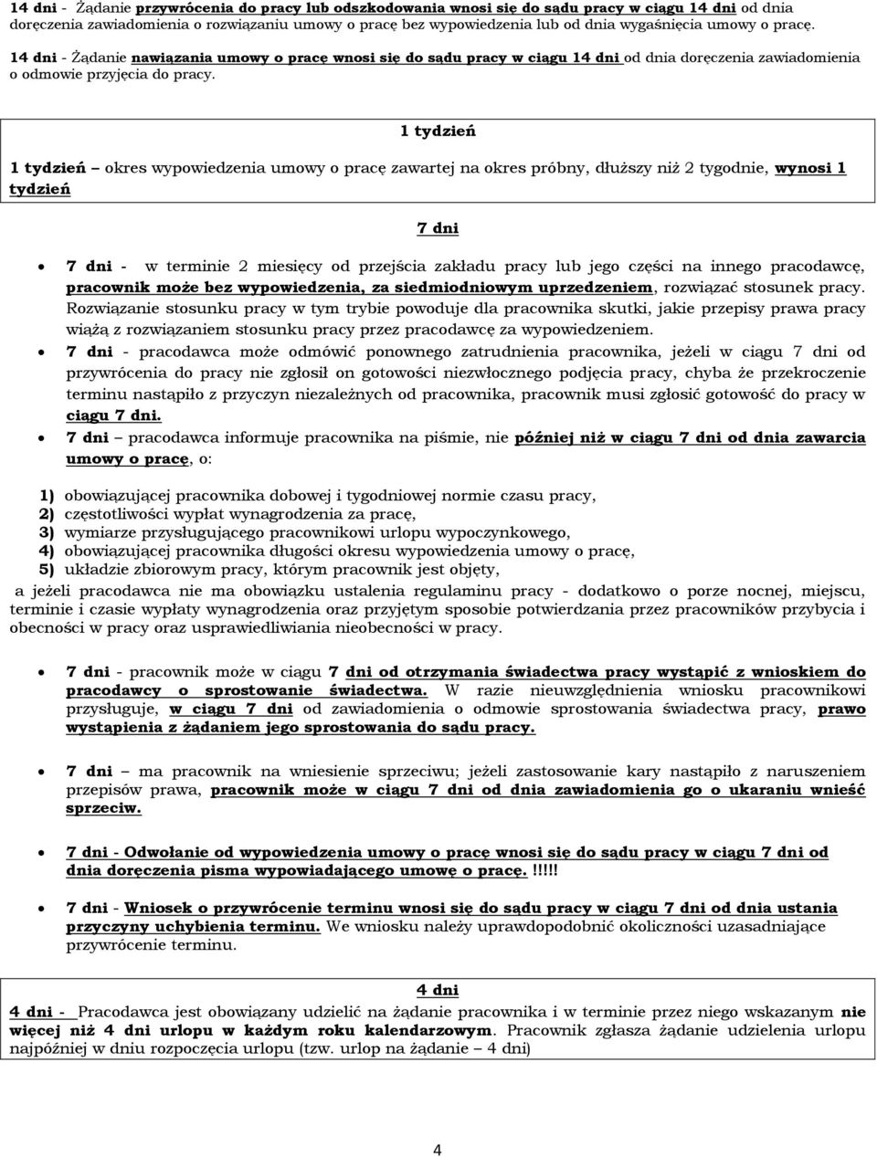 1 tydzień 1 tydzień okres wypowiedzenia umowy o pracę zawartej na okres próbny, dłuższy niż 2 tygodnie, wynosi 1 tydzień 7 dni 7 dni - w terminie 2 miesięcy od przejścia zakładu pracy lub jego części