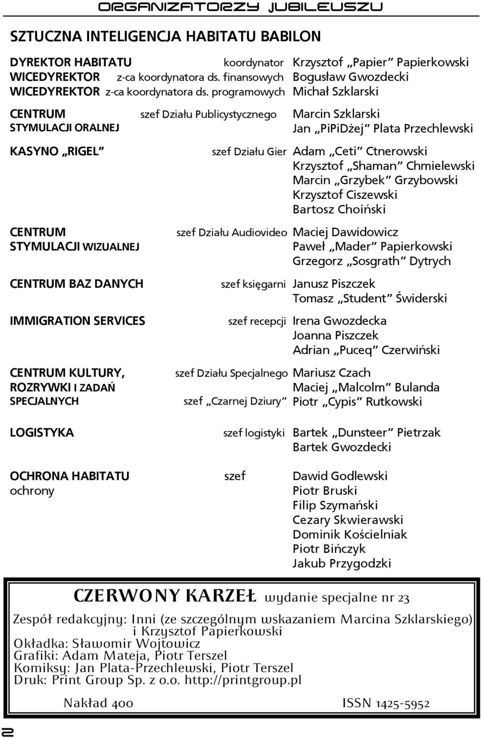 Krzysztof Papier Papierkowski Bogusław Gwozdecki Michał Szklarski Marcin Szklarski Jan PiPiDżej Plata Przechlewski szef Działu Gier Adam Ceti Ctnerowski Krzysztof Shaman Chmielewski Marcin Grzybek