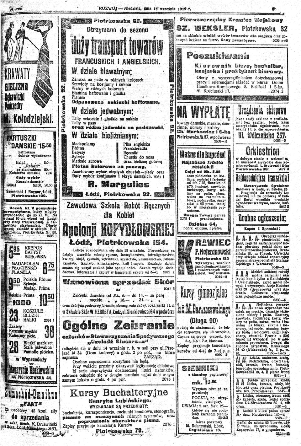 .,dziale awatnym:, Zam~ze na palta,w r~y~h,koloracb ': Szewoty na kostjumy i suknie' " ':1 Wełny,w.różnych kolorach, ~::!\:a haftowana i gładka~l.; ł' 4hlpillsowan. łulkiełllkłhli!.'f~o.