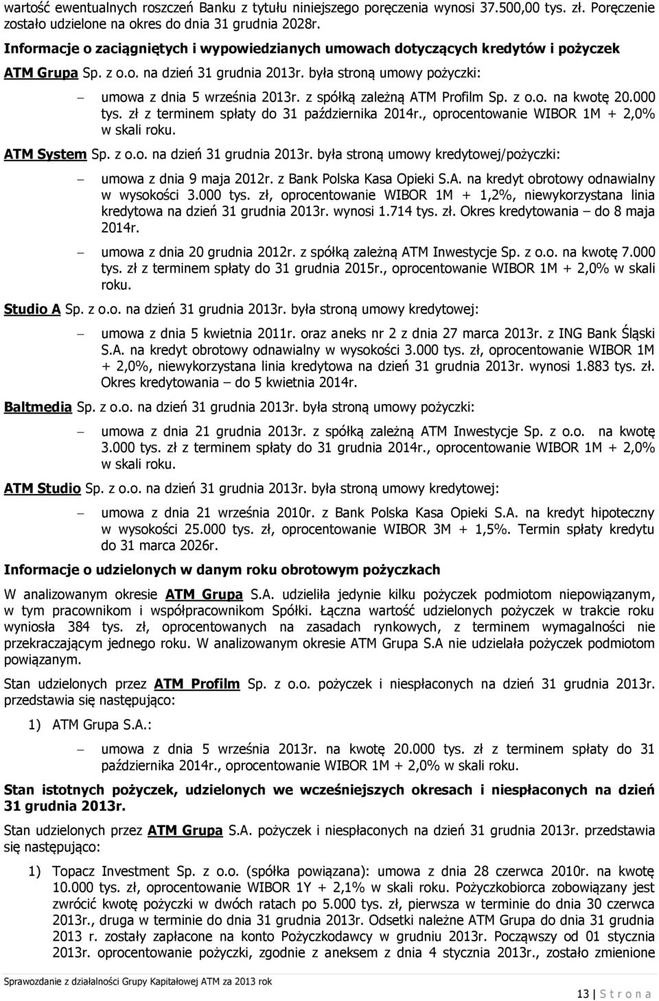 z spółką zależną ATM Profilm Sp. z o.o. na kwotę 20.000 tys. zł z terminem spłaty do 31 października 2014r., oprocentowanie WIBOR 1M + 2,0% w skali roku. ATM System Sp. z o.o. na dzień 31 grudnia 2013r.