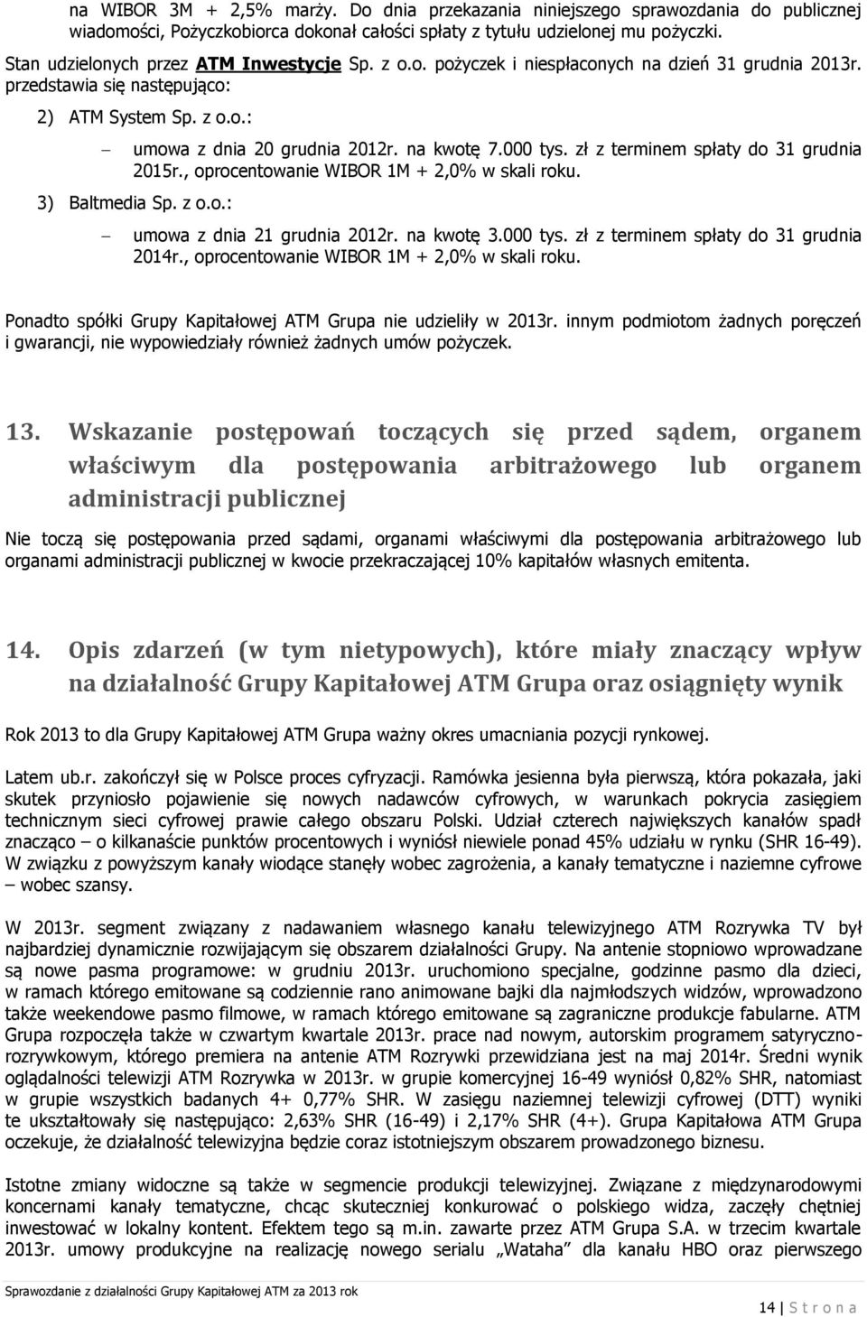 000 tys. zł z terminem spłaty do 31 grudnia 2015r., oprocentowanie WIBOR 1M + 2,0% w skali roku. 3) Baltmedia Sp. z o.o.: umowa z dnia 21 grudnia 2012r. na kwotę 3.000 tys. zł z terminem spłaty do 31 grudnia 2014r.