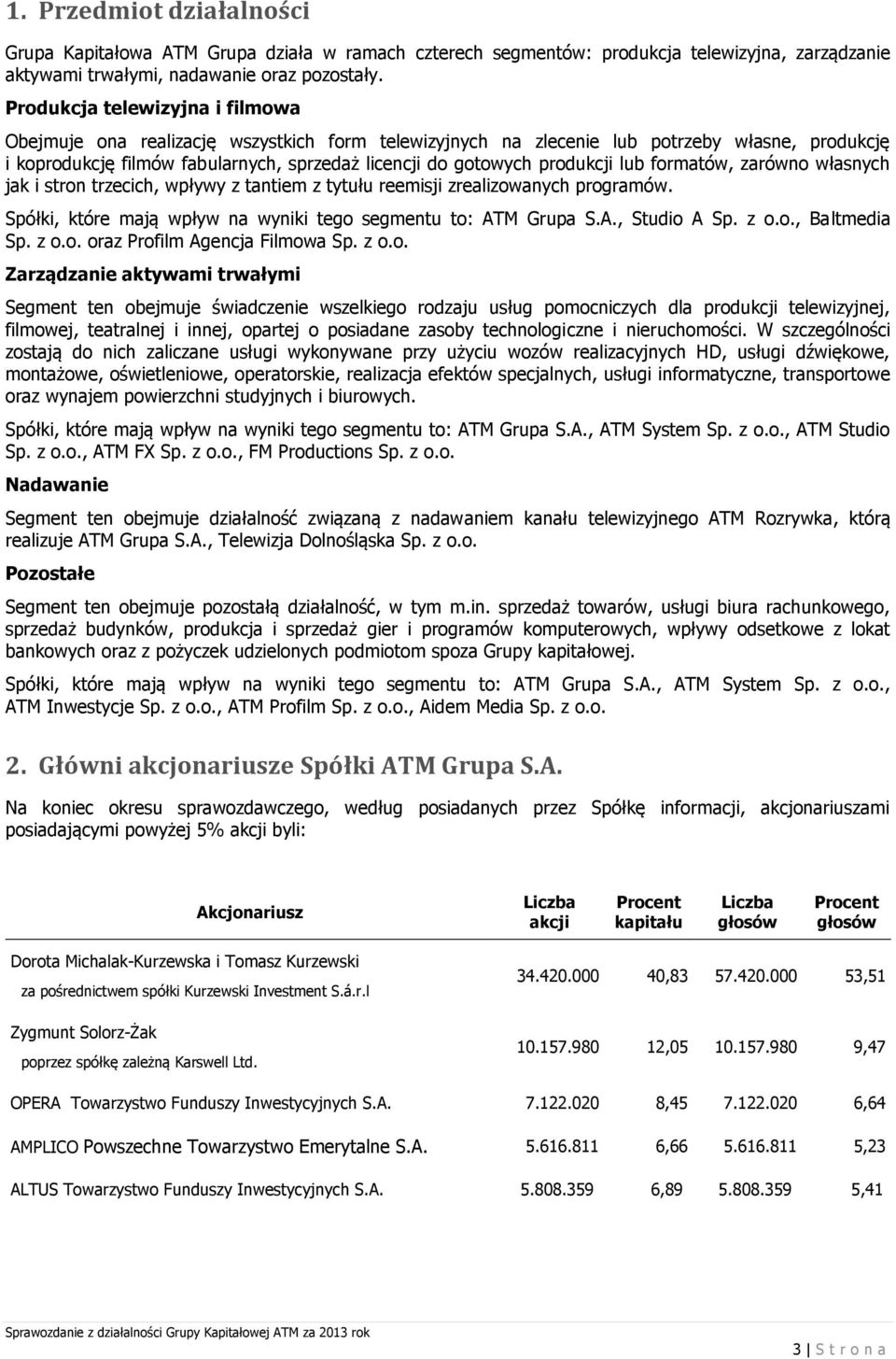 produkcji lub formatów, zarówno własnych jak i stron trzecich, wpływy z tantiem z tytułu reemisji zrealizowanych programów. Spółki, które mają wpływ na wyniki tego segmentu to: ATM Grupa S.A., Studio A Sp.