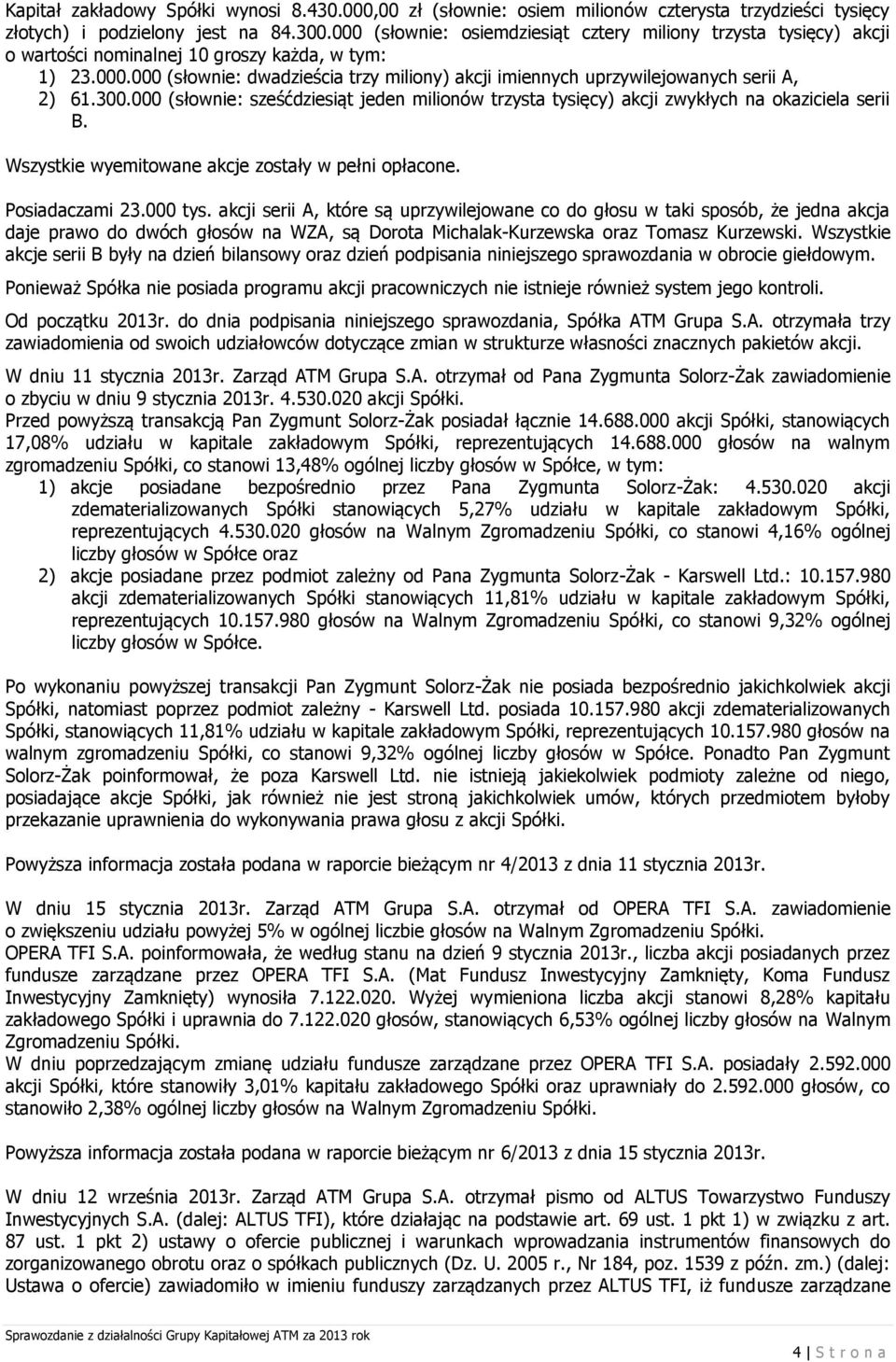 300.000 (słownie: sześćdziesiąt jeden milionów trzysta tysięcy) akcji zwykłych na okaziciela serii B. Wszystkie wyemitowane akcje zostały w pełni opłacone. Posiadaczami 23.000 tys.