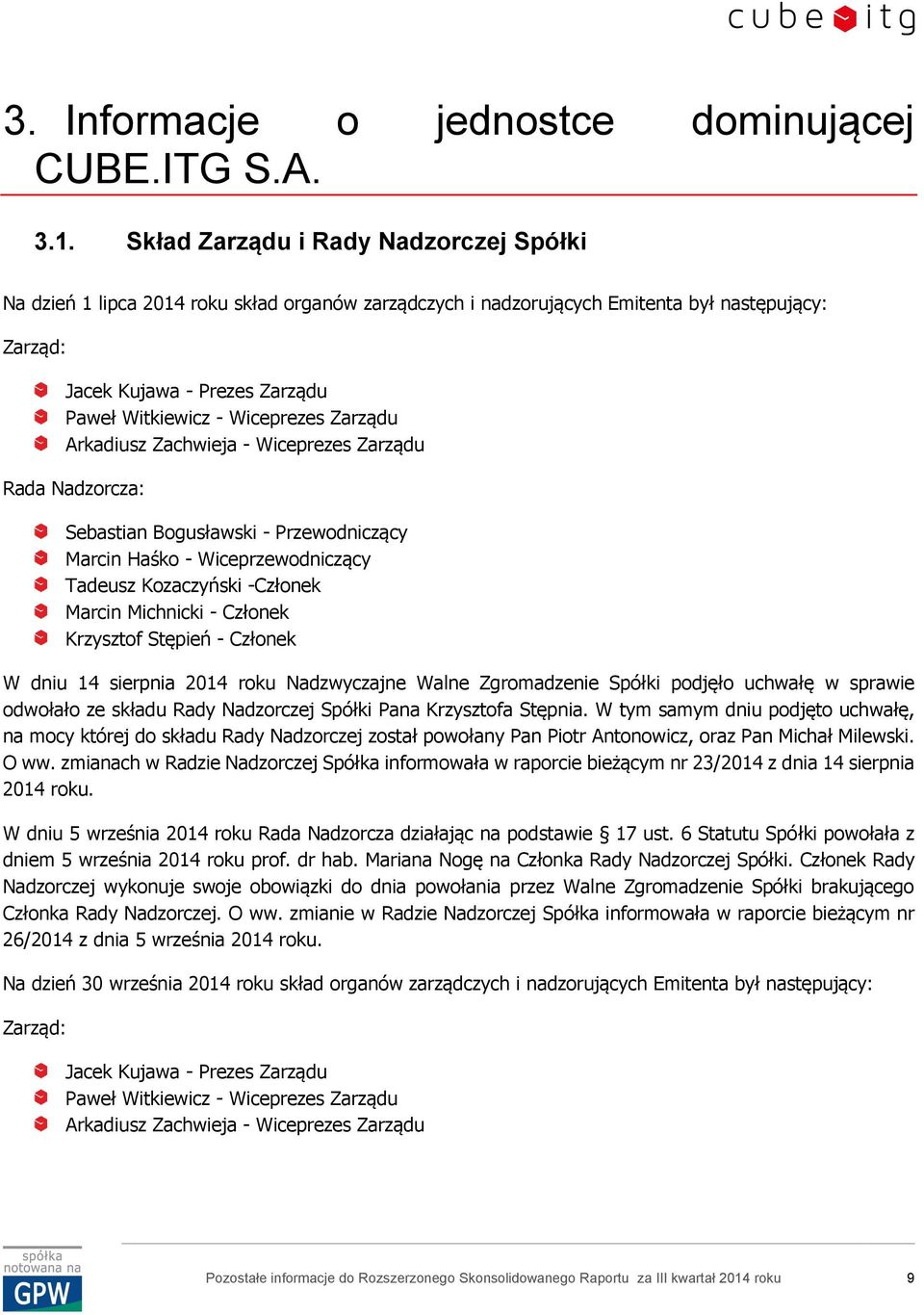 Wiceprezes Zarządu Arkadiusz Zachwieja - Wiceprezes Zarządu Rada Nadzorcza: Sebastian Bogusławski - Przewodniczący Marcin Haśko - Wiceprzewodniczący Tadeusz Kozaczyński -Członek Marcin Michnicki -