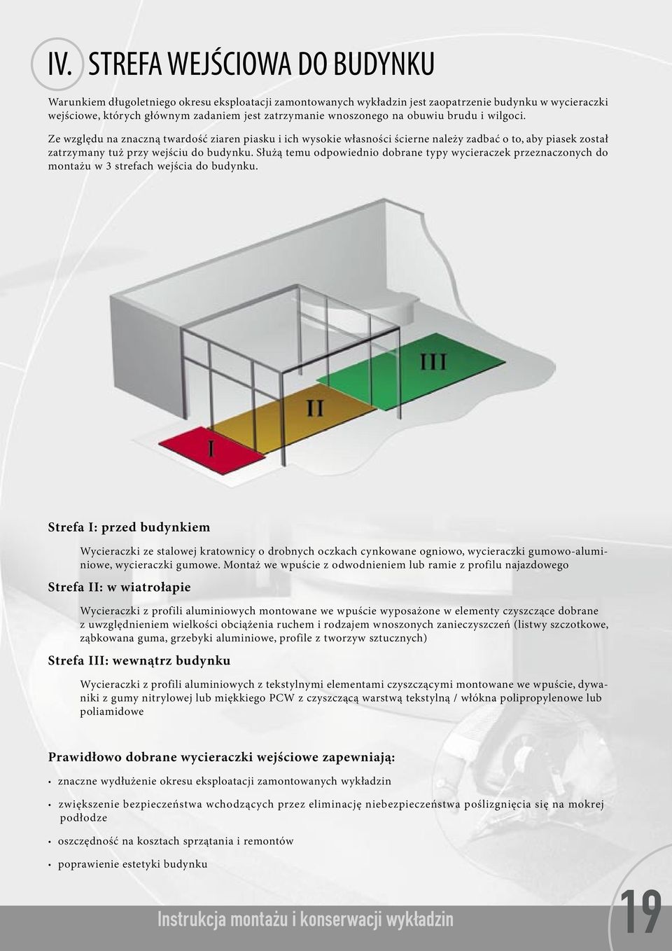 Służą temu odpowiednio dobrane typy wycieraczek przeznaczonych do montażu w 3 strefach wejścia do budynku.