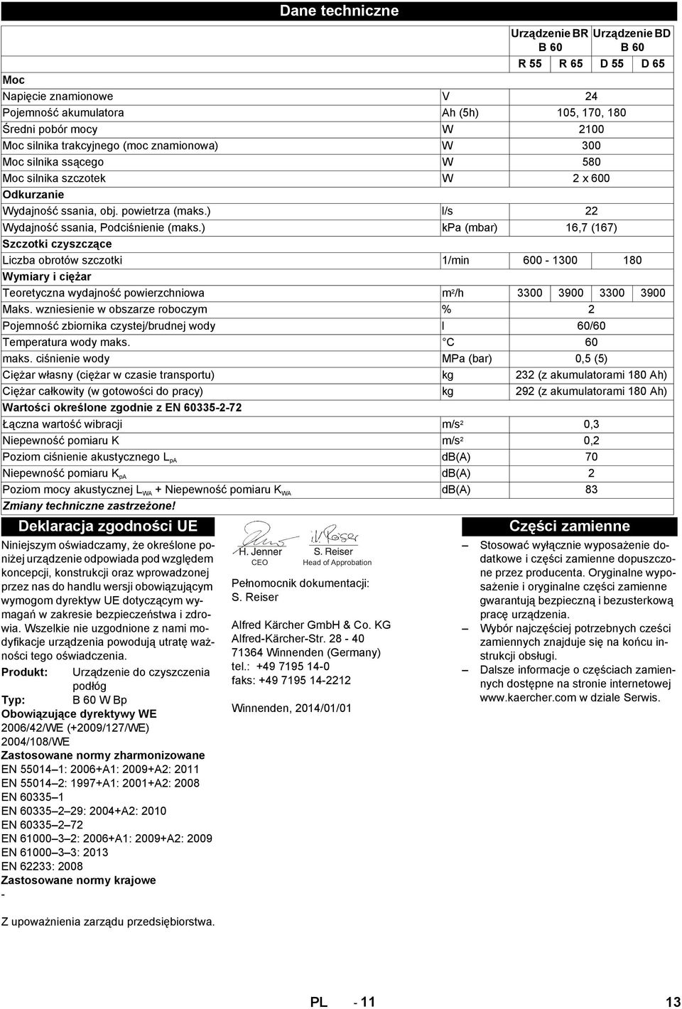 pobór mocy W 2100 Moc silnika trakcyjnego (moc znamionowa) W 300 Moc silnika ssącego W 580 Moc silnika szczotek W 2 x 600 Odkurzanie Wydajność ssania, obj. powietrza (maks.