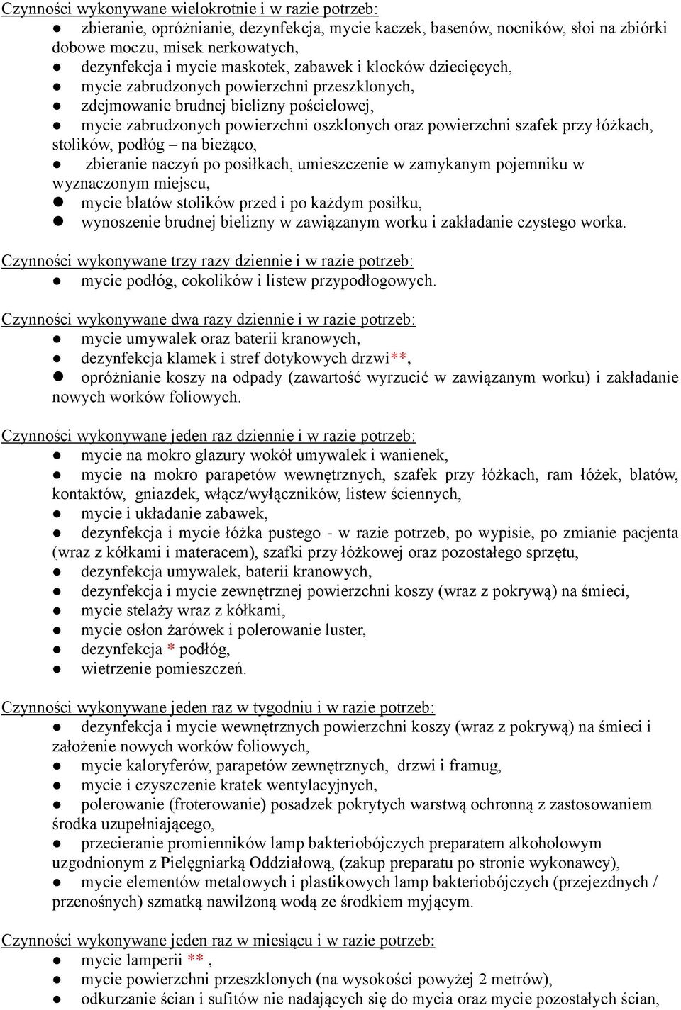 łóżkach, stolików, podłóg na bieżąco, zbieranie naczyń po posiłkach, umieszczenie w zamykanym pojemniku w wyznaczonym miejscu, mycie blatów stolików przed i po każdym posiłku, wynoszenie brudnej