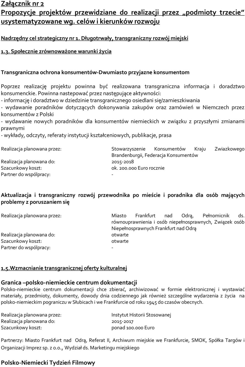 Społecznie zrównoważone warunki życia Transgraniczna ochrona konsumentów-dwumiasto przyjazne konsumentom Poprzez realizację projektu powinna być realizowana transgraniczna informacja i doradztwo