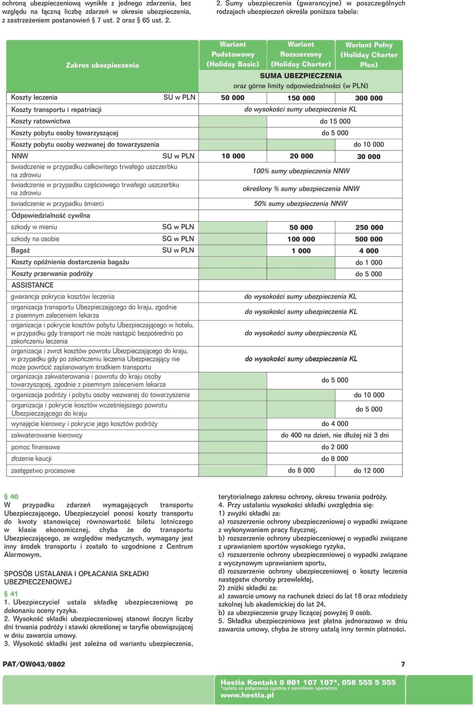 2. Sumy ubezpieczenia (gwarancyjne) w poszczególnych rodzajach ubezpieczeƒ okreêla poni sza tabela: Zakres ubezpieczenia Wariant Podstawowy (Holiday Basic) Wariant Rozszerzony (Holiday Charter)