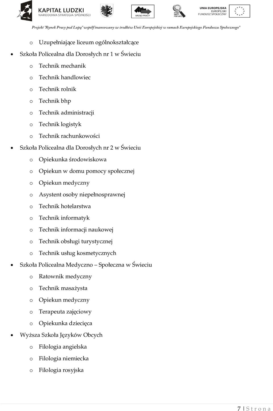 o Technik hotelarstwa o Technik informatyk o Technik informacji naukowej o Technik obs ugi turystycznej o Technik us ug kosmetycznych Szko a Policealna Medyczno Spo eczna w wieciu o Ratownik