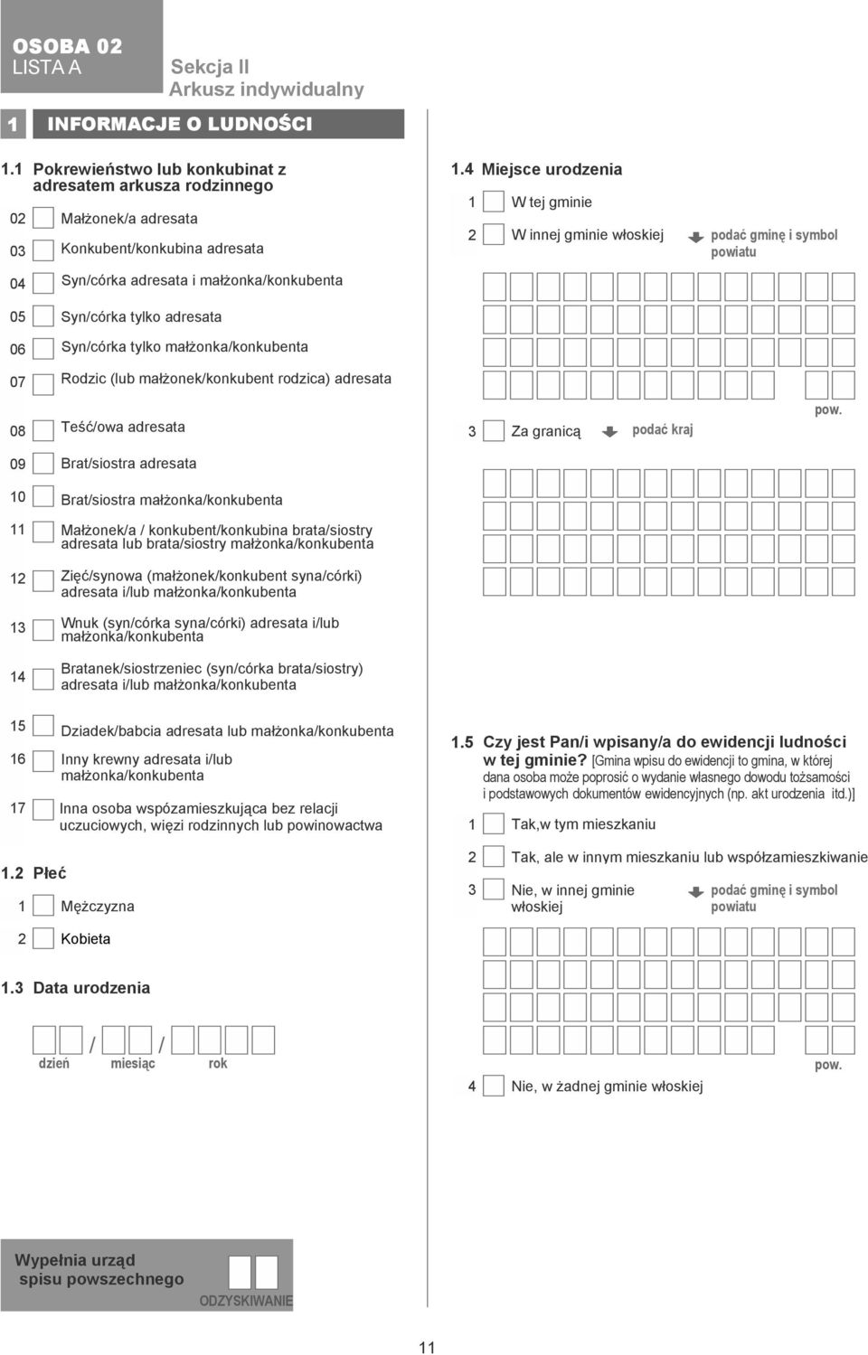 Rodzic (lub małżonek/konkubent rodzica) adresata 08 Teść/owa adresata Za granicą podać kraj pow.