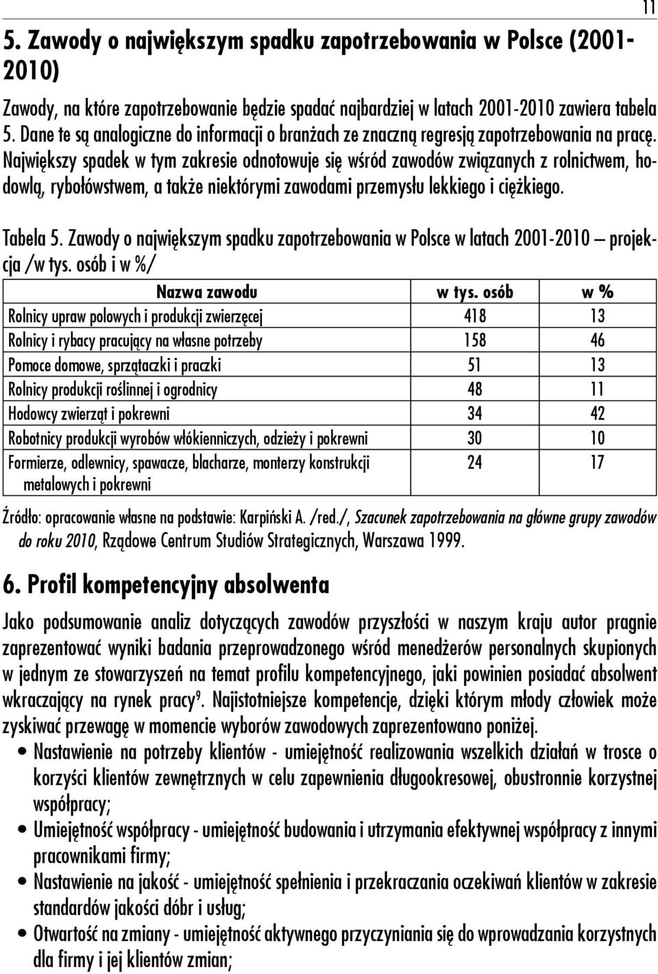 Największy spadek w tym zakresie odnotowuje się wśród zawodów związanych z rolnictwem, hodowlą, rybołówstwem, a także niektórymi zawodami przemysłu lekkiego i ciężkiego. Tabela 5.