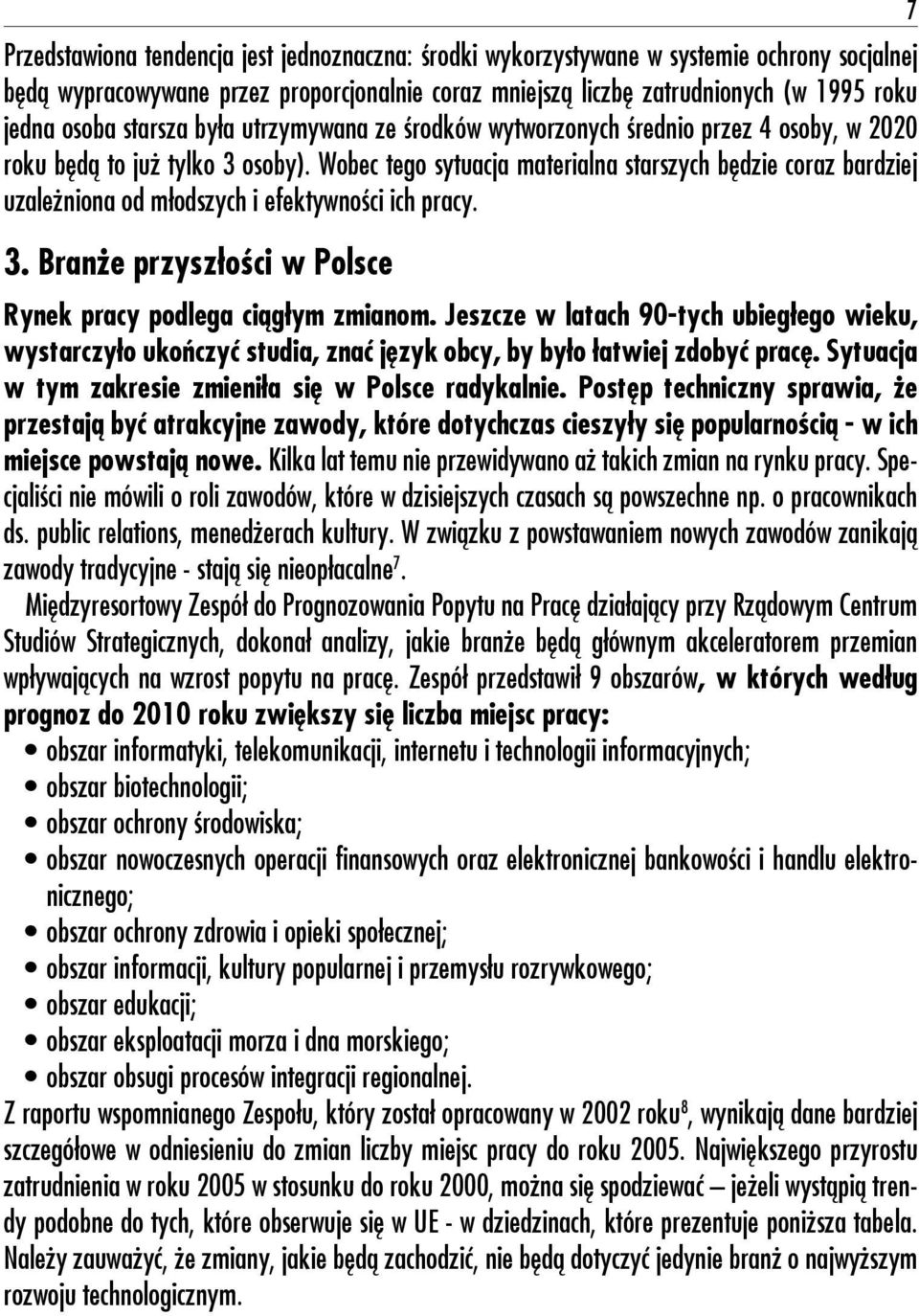 Wobec tego sytuacja materialna starszych będzie coraz bardziej uzależniona od młodszych i efektywności ich pracy. 3. Branże przyszłości w Polsce Rynek pracy podlega ciągłym zmianom.