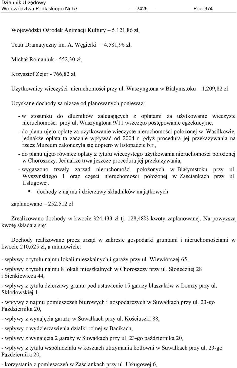 209,82 zł Uzyskane dochody są niższe od planowanych ponieważ: - w stosunku do dłużników zalegających z opłatami za użytkowanie wieczyste nieruchomości przy ul.