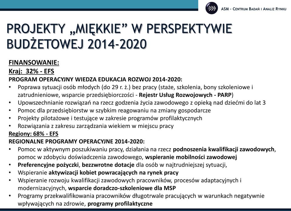 nad dziećmi do lat 3 Pomoc dla przedsiębiorstw w szybkim reagowaniu na zmiany gospodarcze Projekty pilotażowe i testujące w zakresie programów profilaktycznych Rozwiązania z zakresu zarządzania