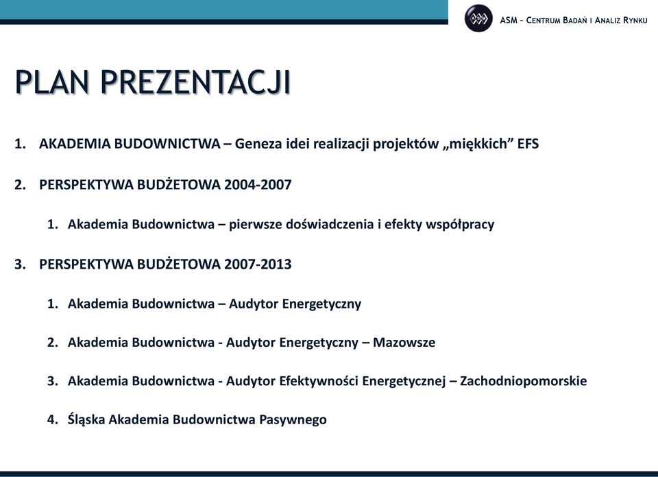 PERSPEKTYWA BUDŻETOWA 2007-2013 1. Akademia Budownictwa Audytor Energetyczny 2.