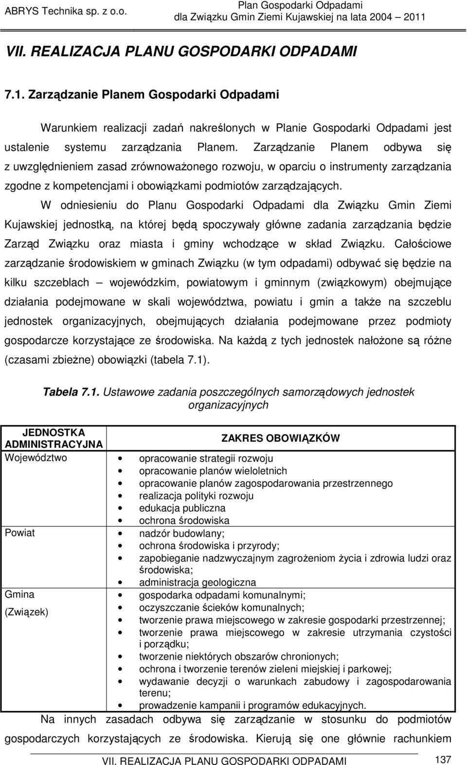 W odniesieniu do Planu Gospodarki Odpadami dla Związku Gmin Ziemi Kujawskiej jednostką, na której będą spoczywały główne zadania zarządzania będzie Zarząd Związku oraz miasta i gminy wchodzące w